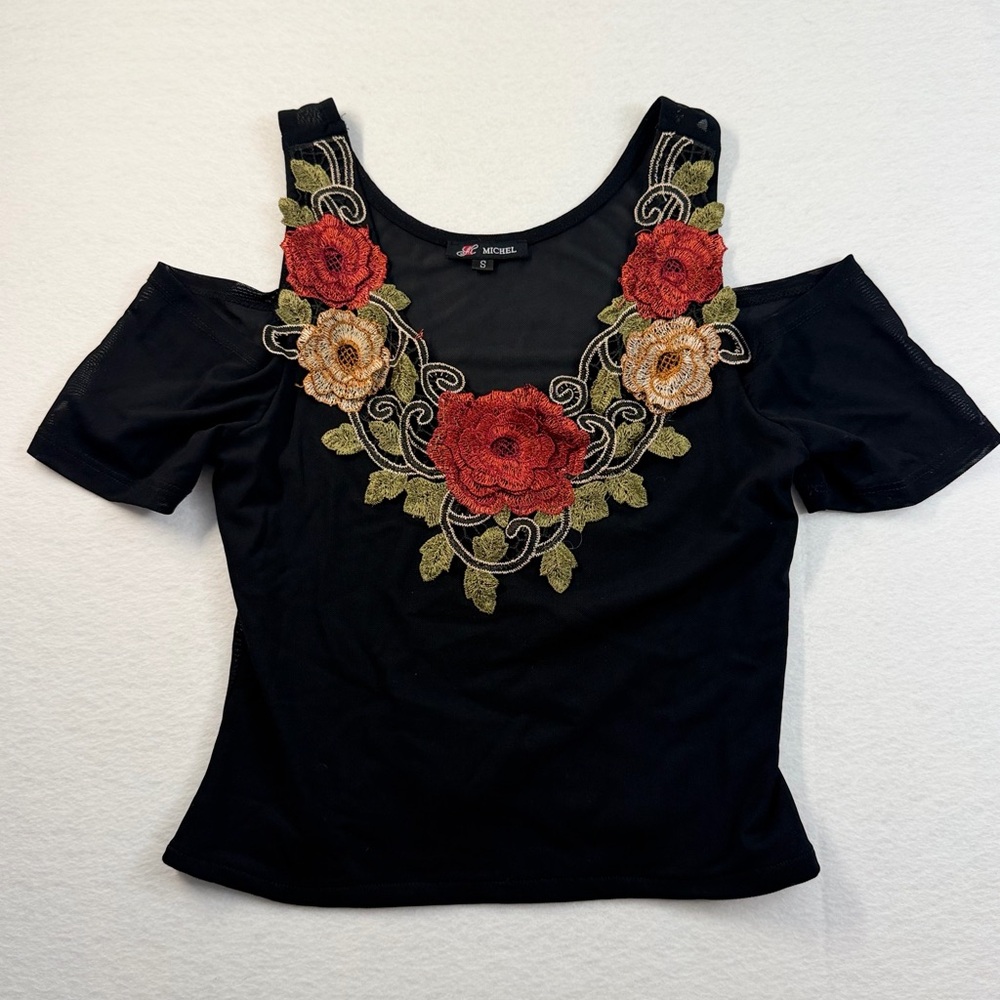 Michel Black Embroidery floral off shoulder sleeve tank top